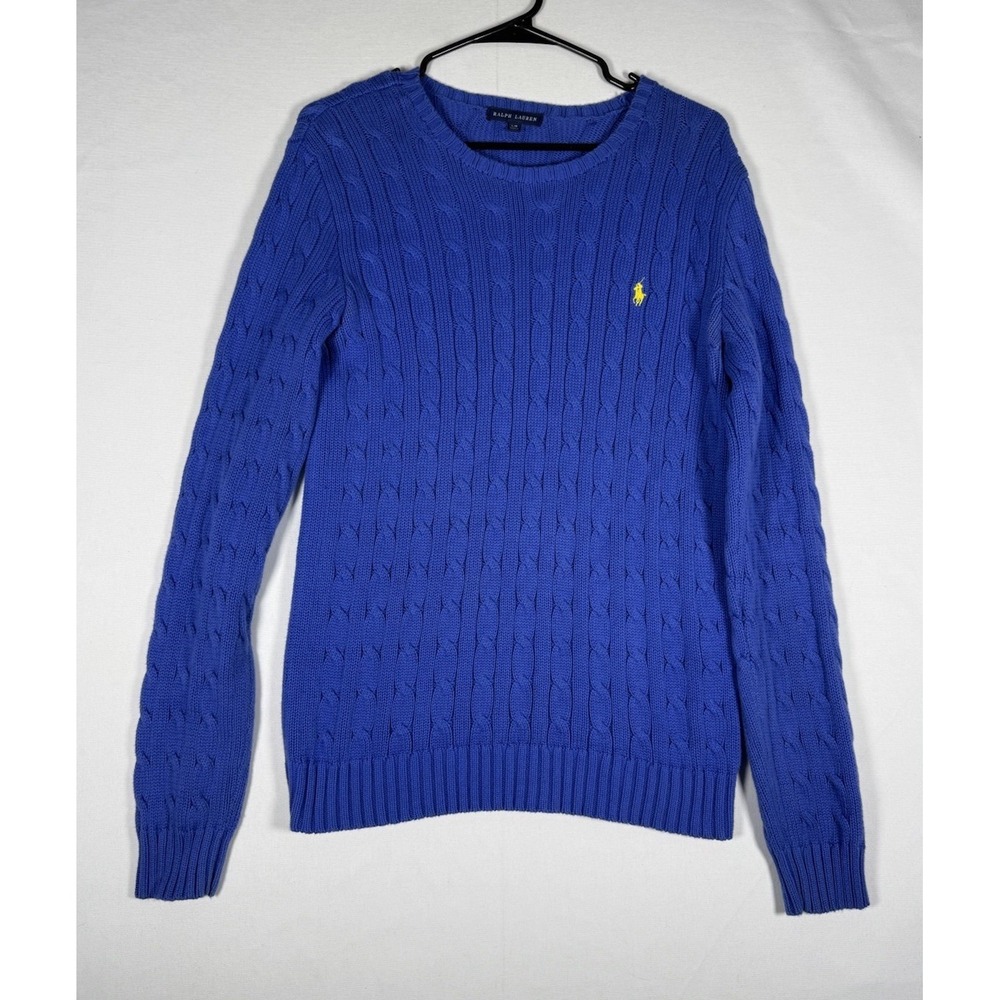 VTG Ralph Lauren Cable Knit Sweater Women's Large Blue Yellow Pony Crew Neck 90s